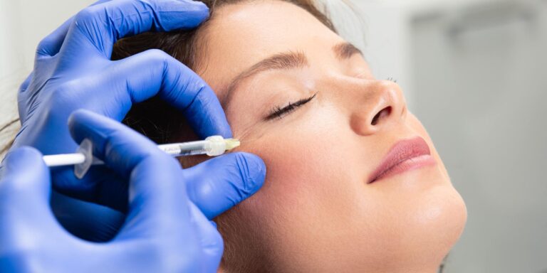Attractive young woman is getting a rejuvenating facial injections. She is sitting calmly at clinic. The expert beautician is filling female wrinkles by hyaluronic acid.